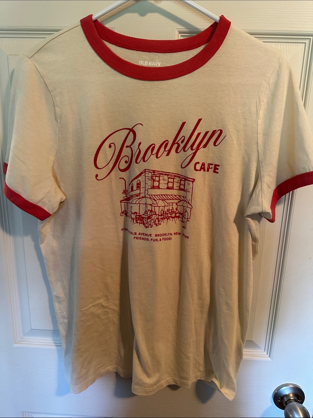 Old Navy Cream Tee with Red Ringer and Brooklyn Cafe Graphic